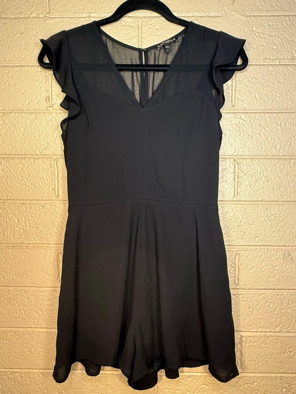 Express Black V-Neck Ruffle Sleeve Mini romper.
